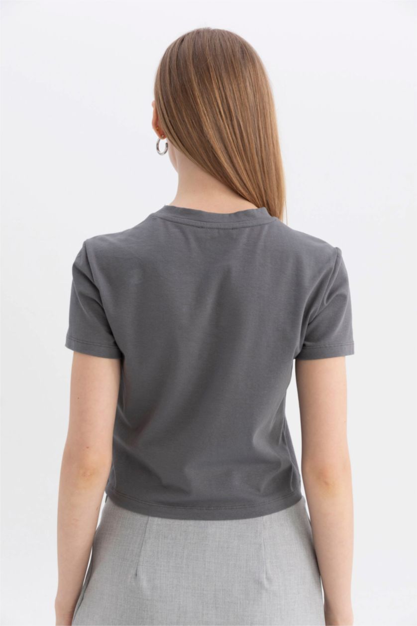Kadın Gri Fitted Bisiklet Yaka Basic Tişört