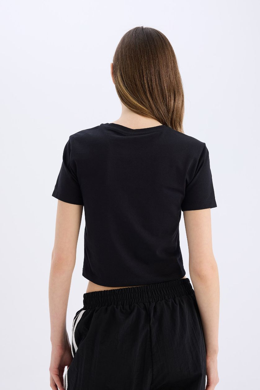 Kadın Siyah Fitted Bisiklet Yaka Basic Düz Kısa Kollu Tişört