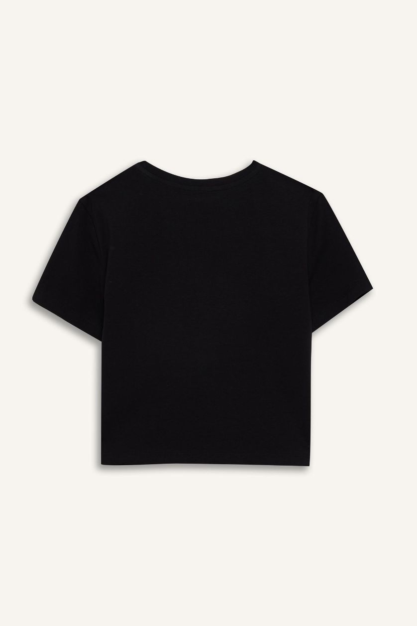 Kadın Siyah Fitted Bisiklet Yaka Basic Düz Kısa Kollu Tişört