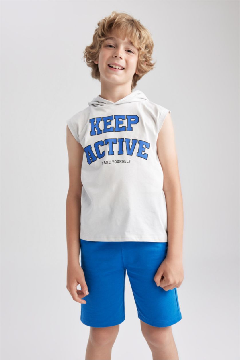 أولاد رمادي فاتح تيشيرت اولادي بدون أكمام بغطاء للرأس