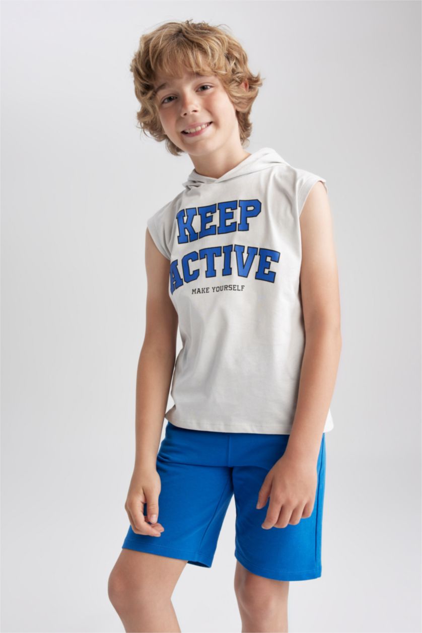 أولاد رمادي فاتح تيشيرت اولادي بدون أكمام بغطاء للرأس