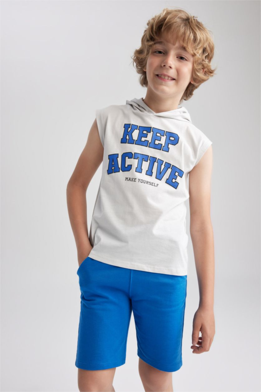 أولاد رمادي فاتح تيشيرت اولادي بدون أكمام بغطاء للرأس