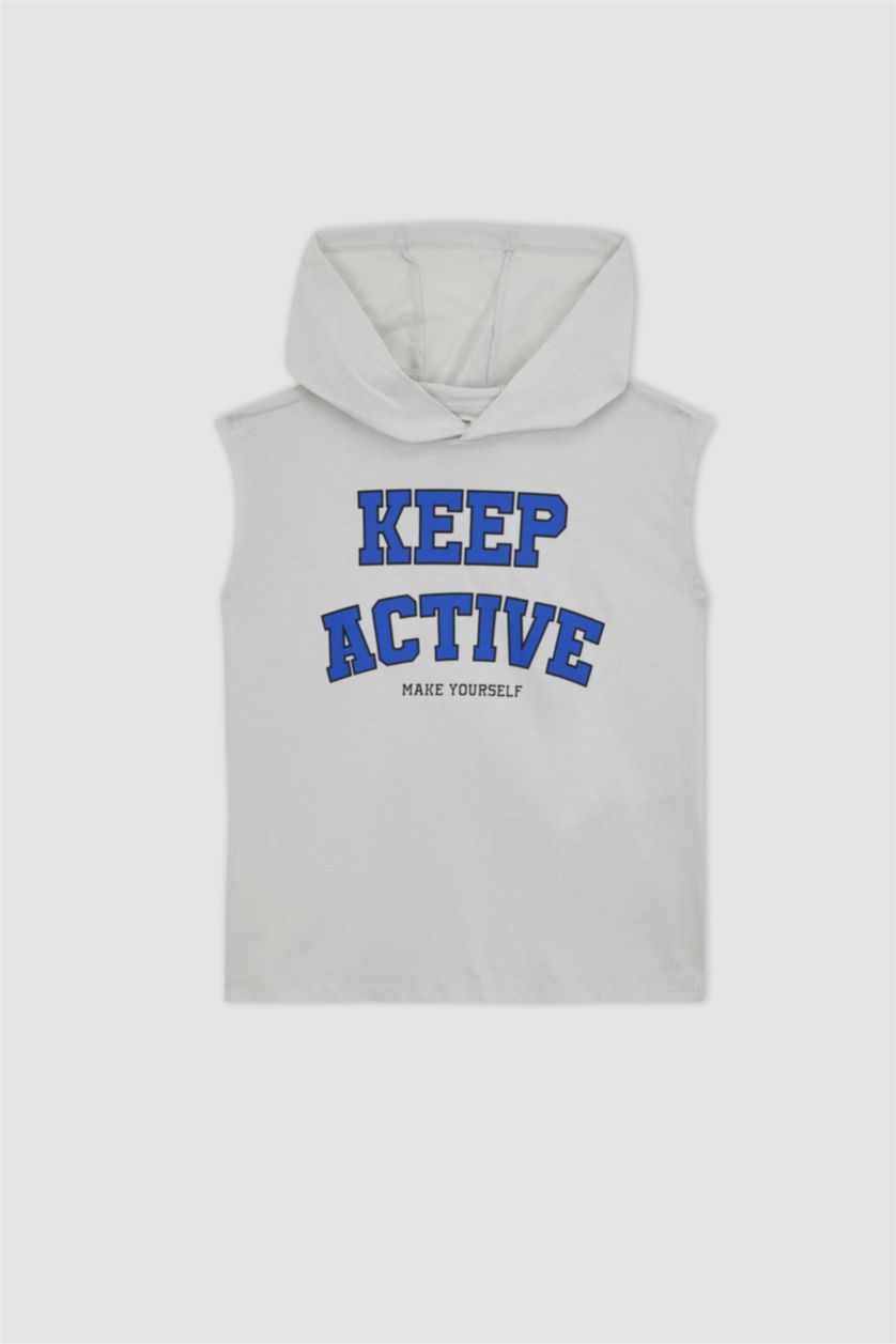 أولاد رمادي فاتح تيشيرت اولادي بدون أكمام بغطاء للرأس