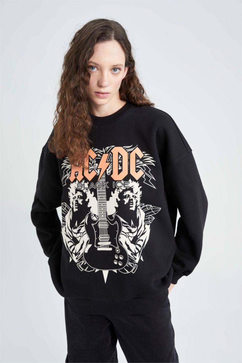 Woman Black AC/DC Oversize Fit Crew Neck Sweatshirt