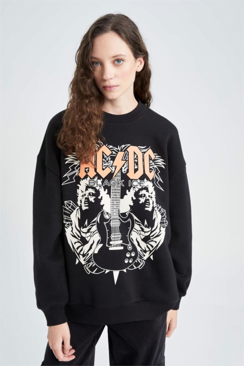 Woman Black AC/DC Oversize Fit Crew Neck Sweatshirt