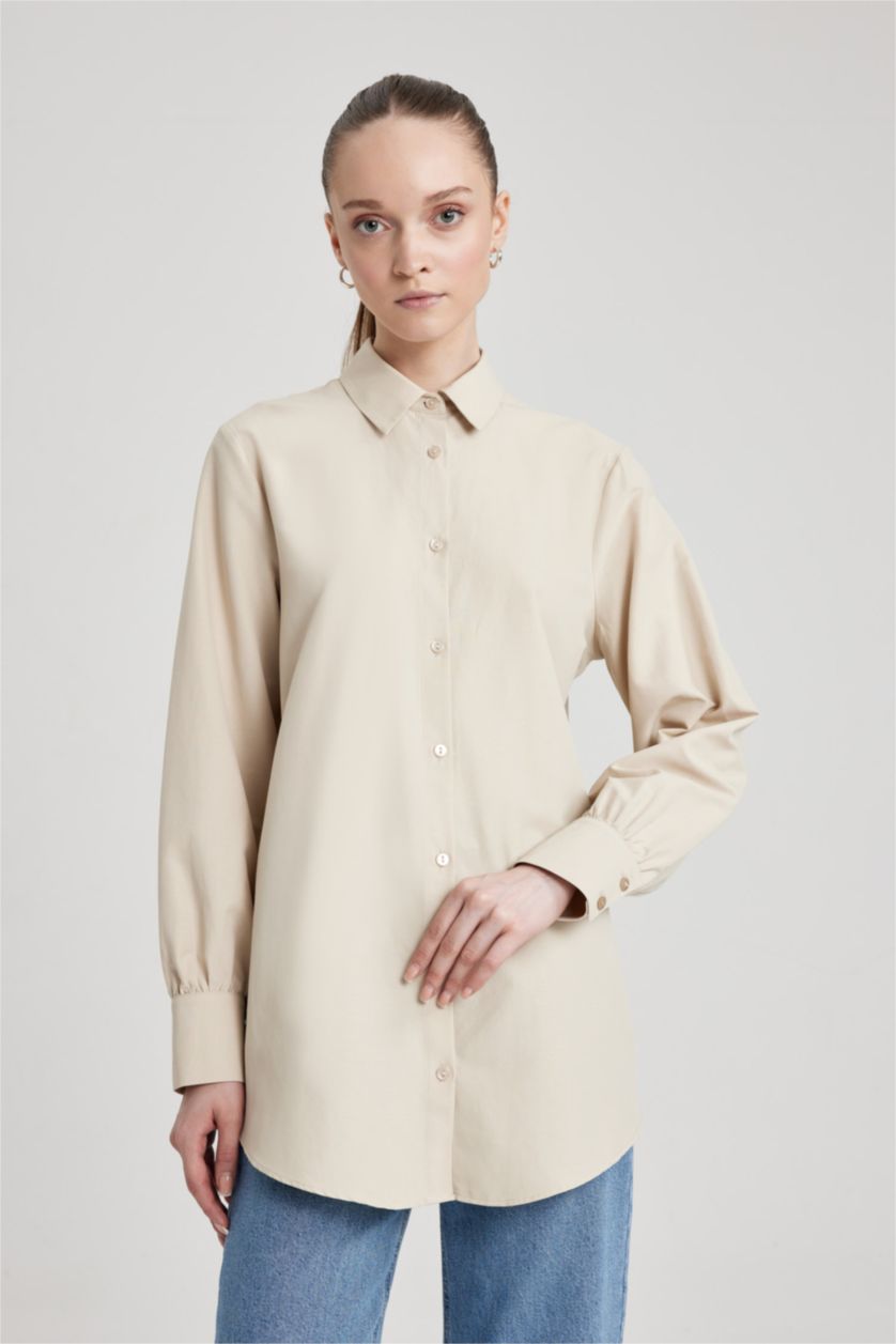FEMME Beige Tunique Popeline Coupe Régulière À Manches Longues