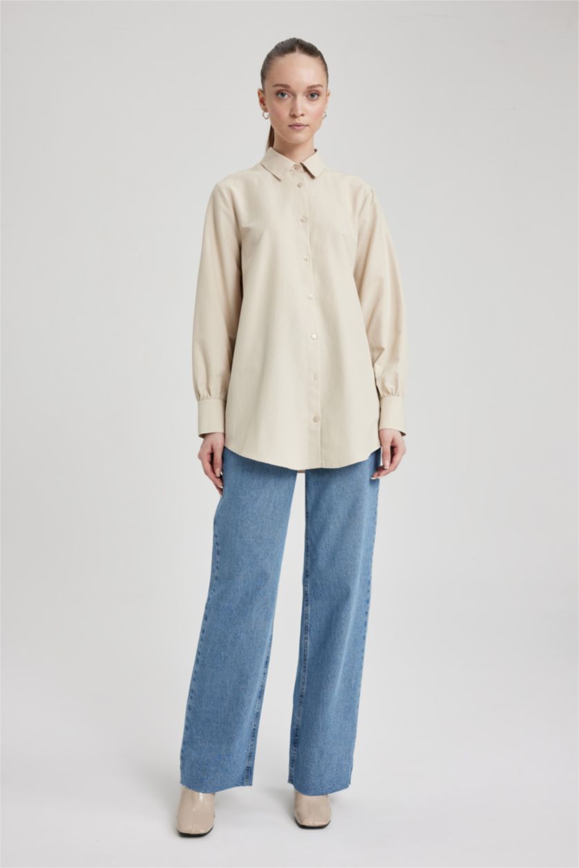 FEMME Beige Tunique Popeline Coupe Régulière À Manches Longues