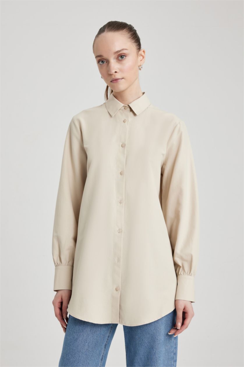 FEMME Beige Tunique Popeline Coupe Régulière À Manches Longues