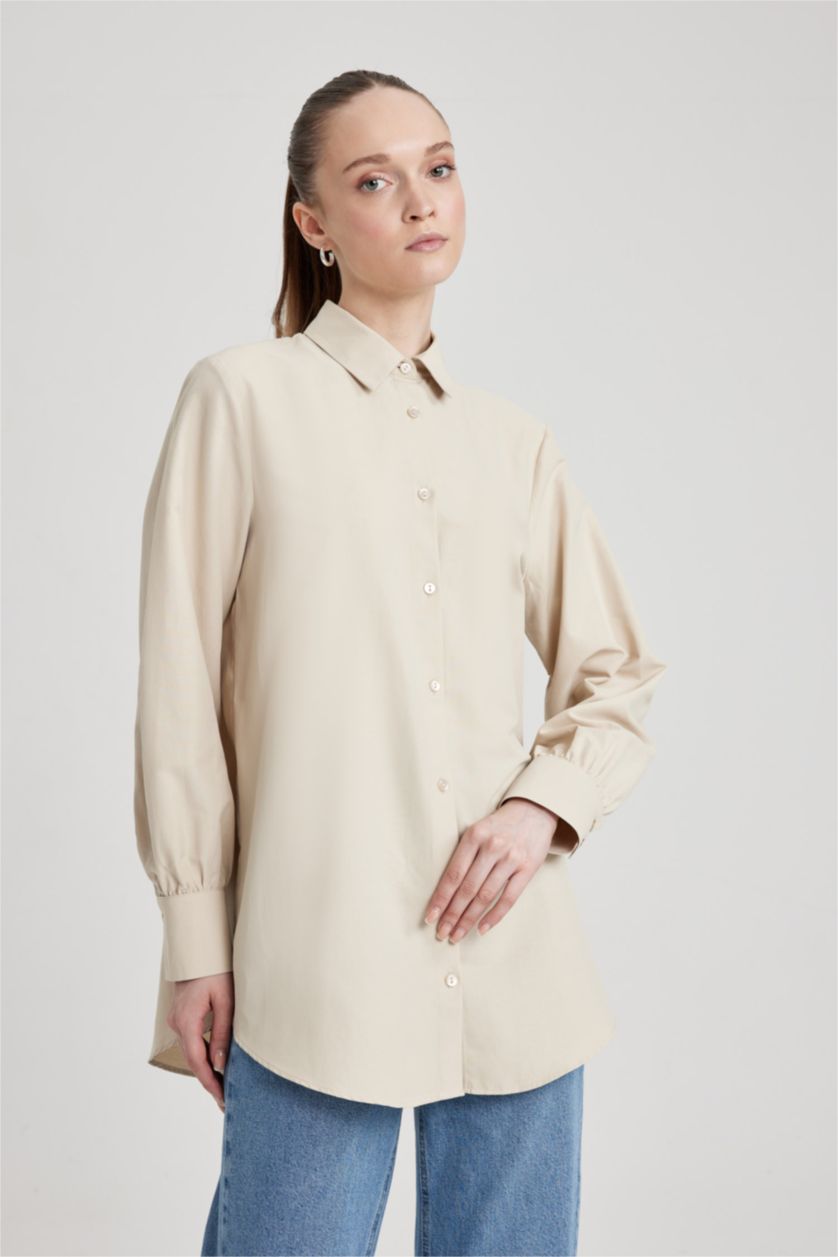 FEMME Beige Tunique Popeline Coupe Régulière À Manches Longues