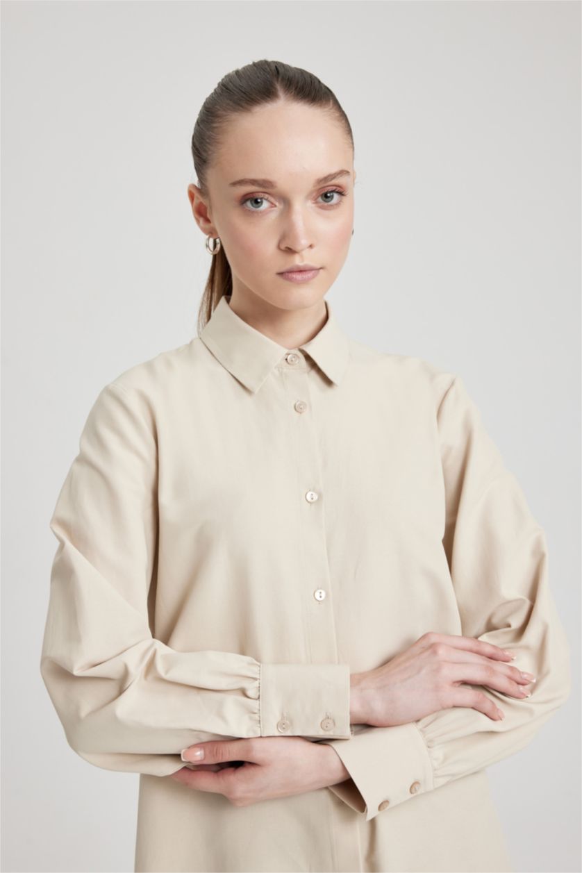 FEMME Beige Tunique Popeline Coupe Régulière À Manches Longues