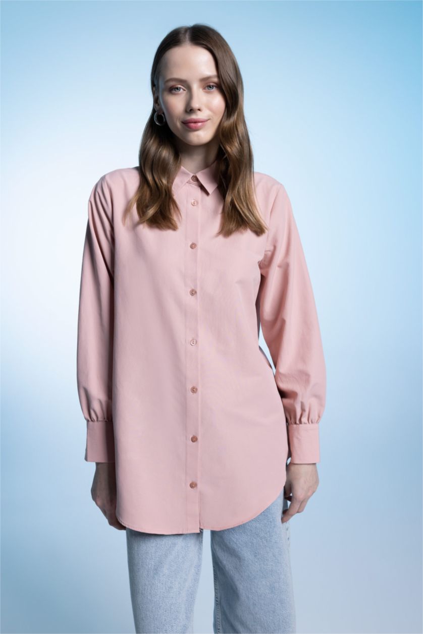 حريمي وردي تونيك بوبلين كم طويل قصة عادية