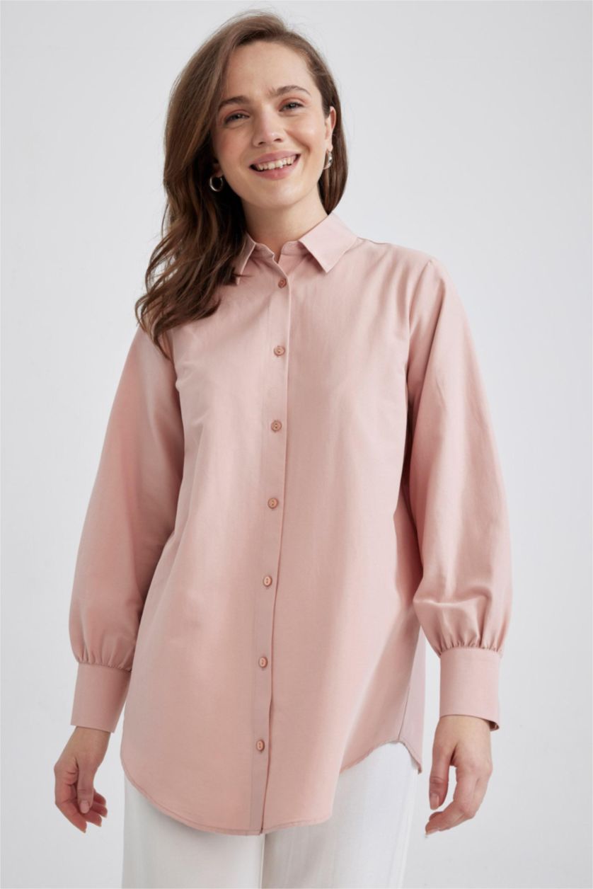 حريمي وردي تونيك بوبلين كم طويل قصة عادية