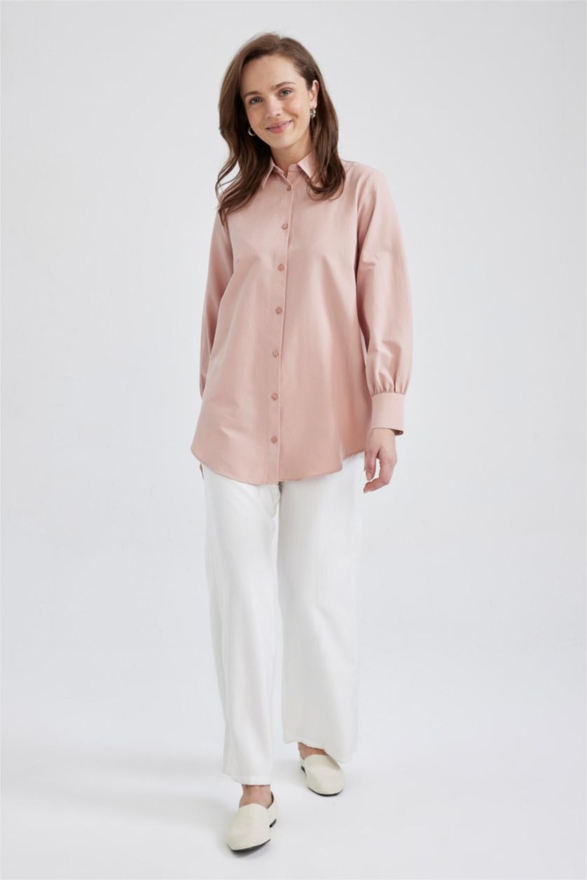 حريمي وردي تونيك بوبلين كم طويل قصة عادية