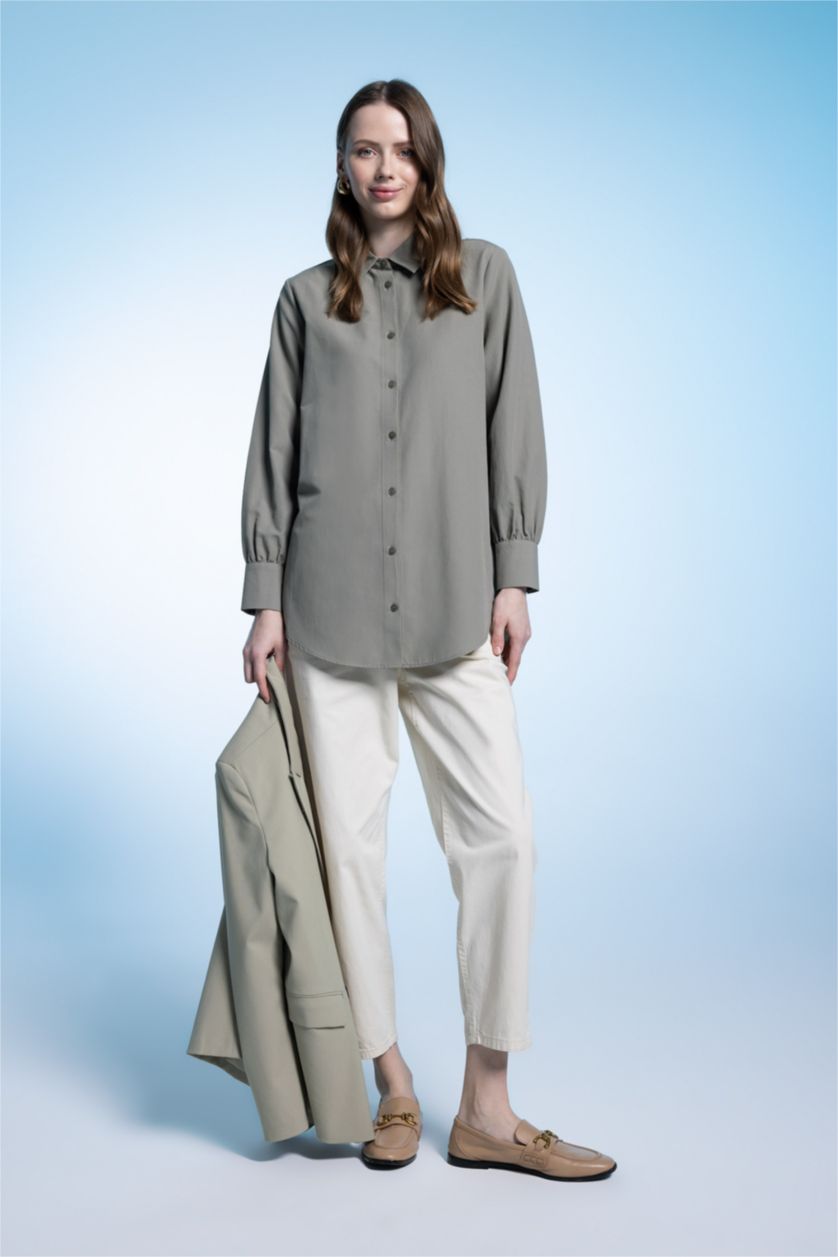 WOMAN Light Green Regular Fit Poplin Long Sleeve Tunic