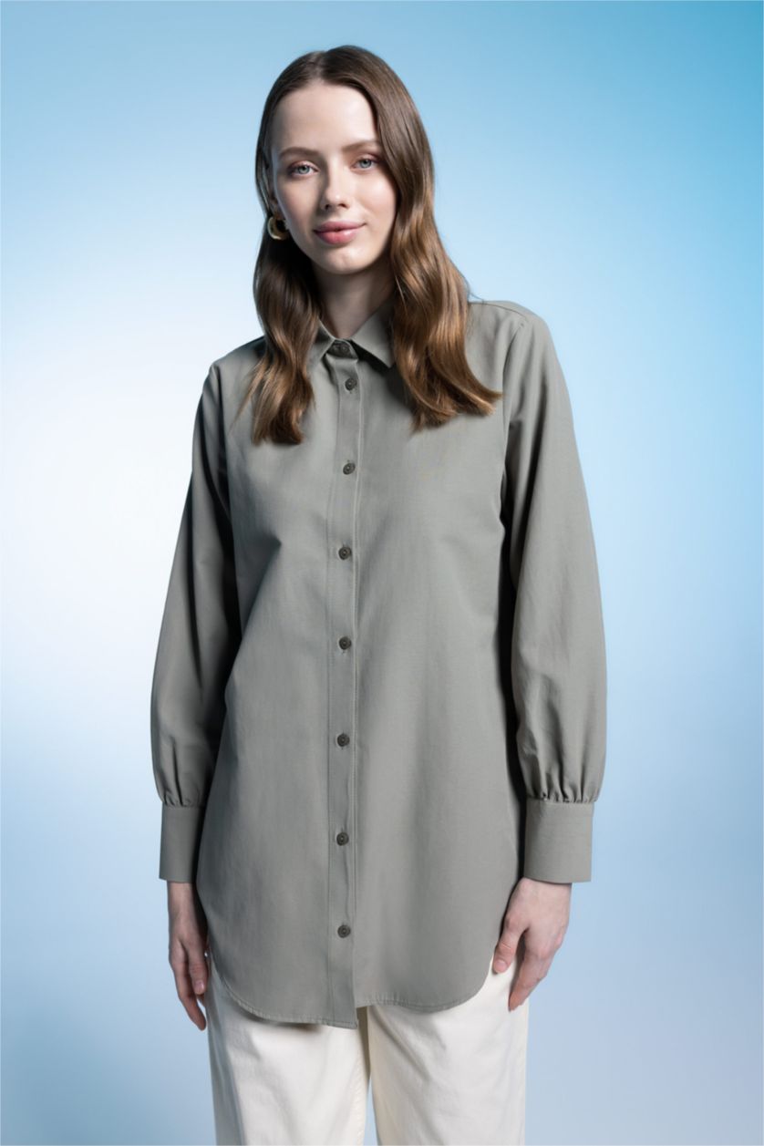 WOMAN Light Green Regular Fit Poplin Long Sleeve Tunic