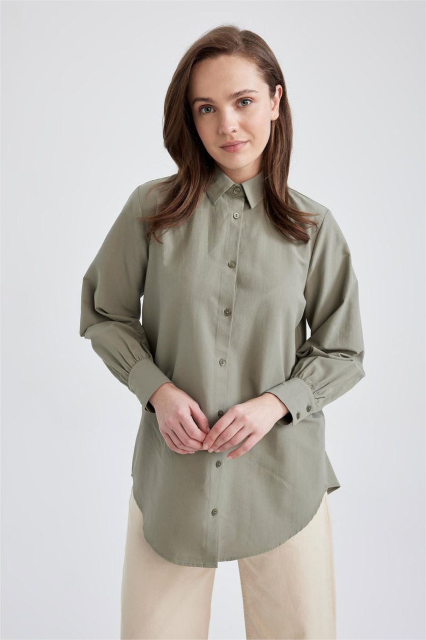 WOMAN Light Green Regular Fit Poplin Long Sleeve Tunic