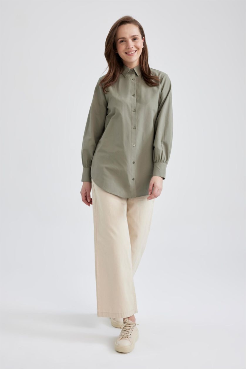 WOMAN Light Green Regular Fit Poplin Long Sleeve Tunic