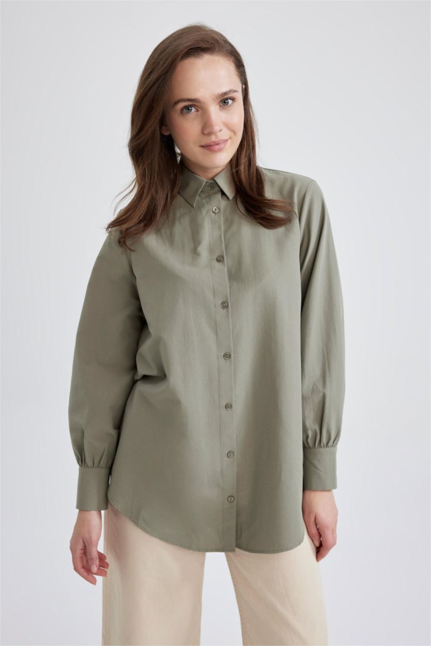 WOMAN Light Green Regular Fit Poplin Long Sleeve Tunic