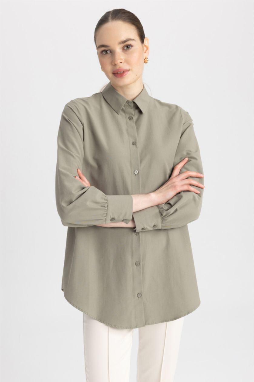 حريمي كاكي فاتح تونيك بوبلين كم طويل قصة عادية