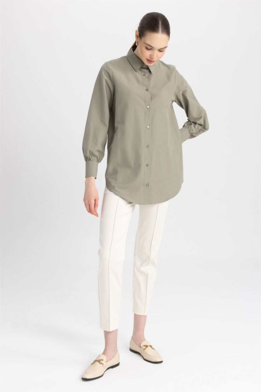 حريمي كاكي فاتح تونيك بوبلين كم طويل قصة عادية