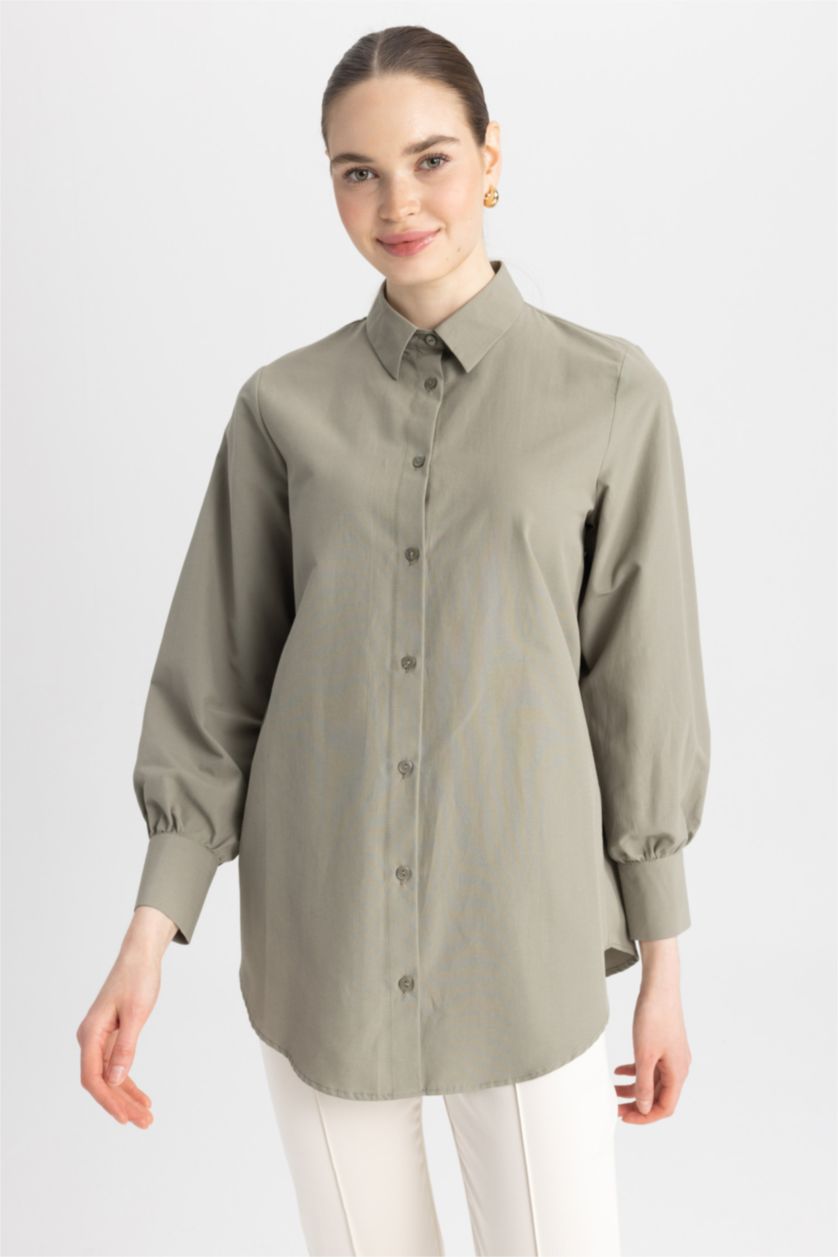 حريمي كاكي فاتح تونيك بوبلين كم طويل قصة عادية