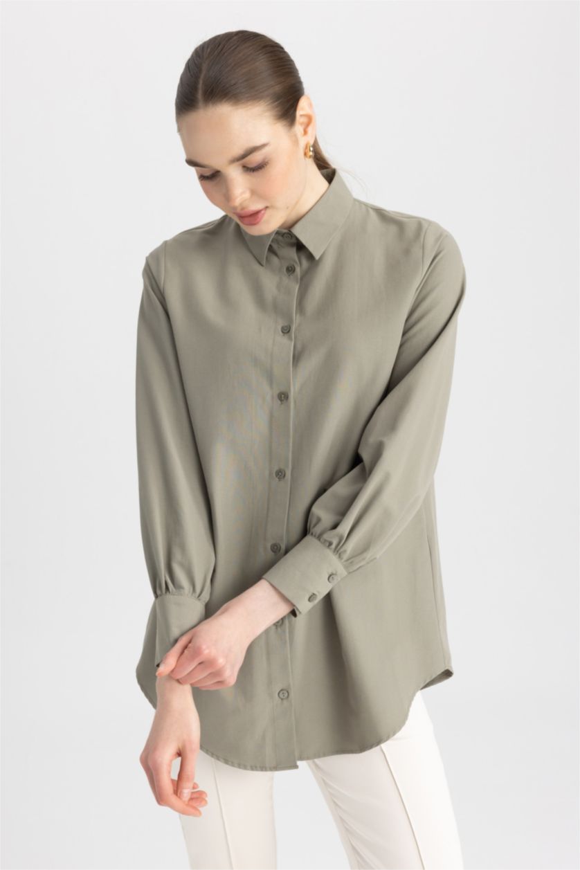 حريمي كاكي فاتح تونيك بوبلين كم طويل قصة عادية