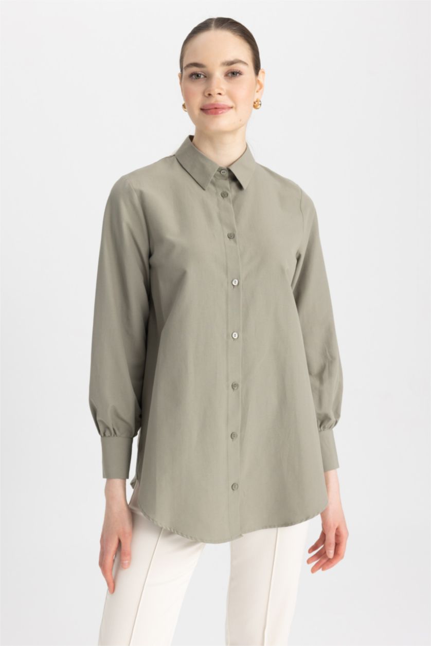 حريمي كاكي فاتح تونيك بوبلين كم طويل قصة عادية