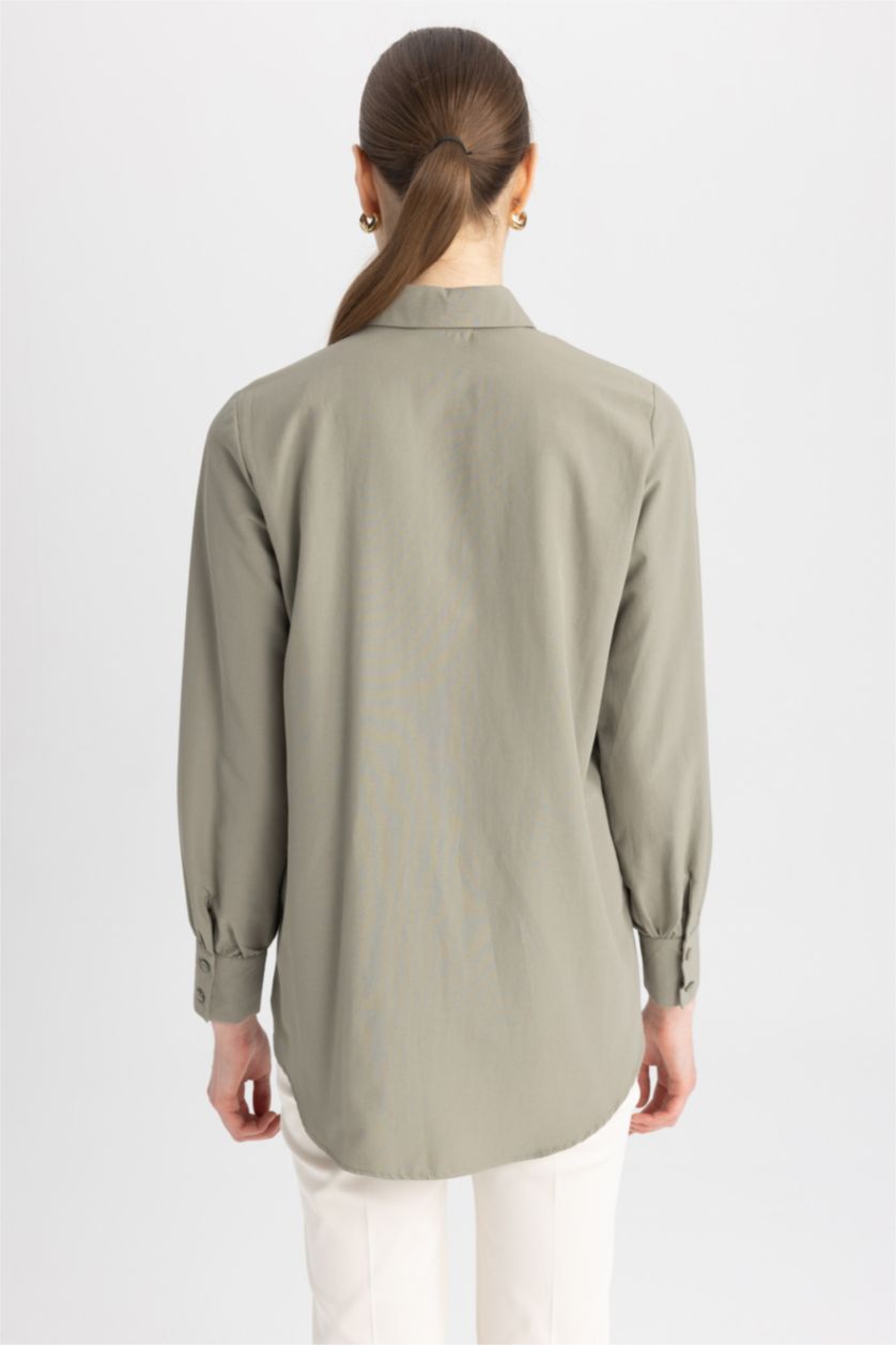 حريمي كاكي فاتح تونيك بوبلين كم طويل قصة عادية