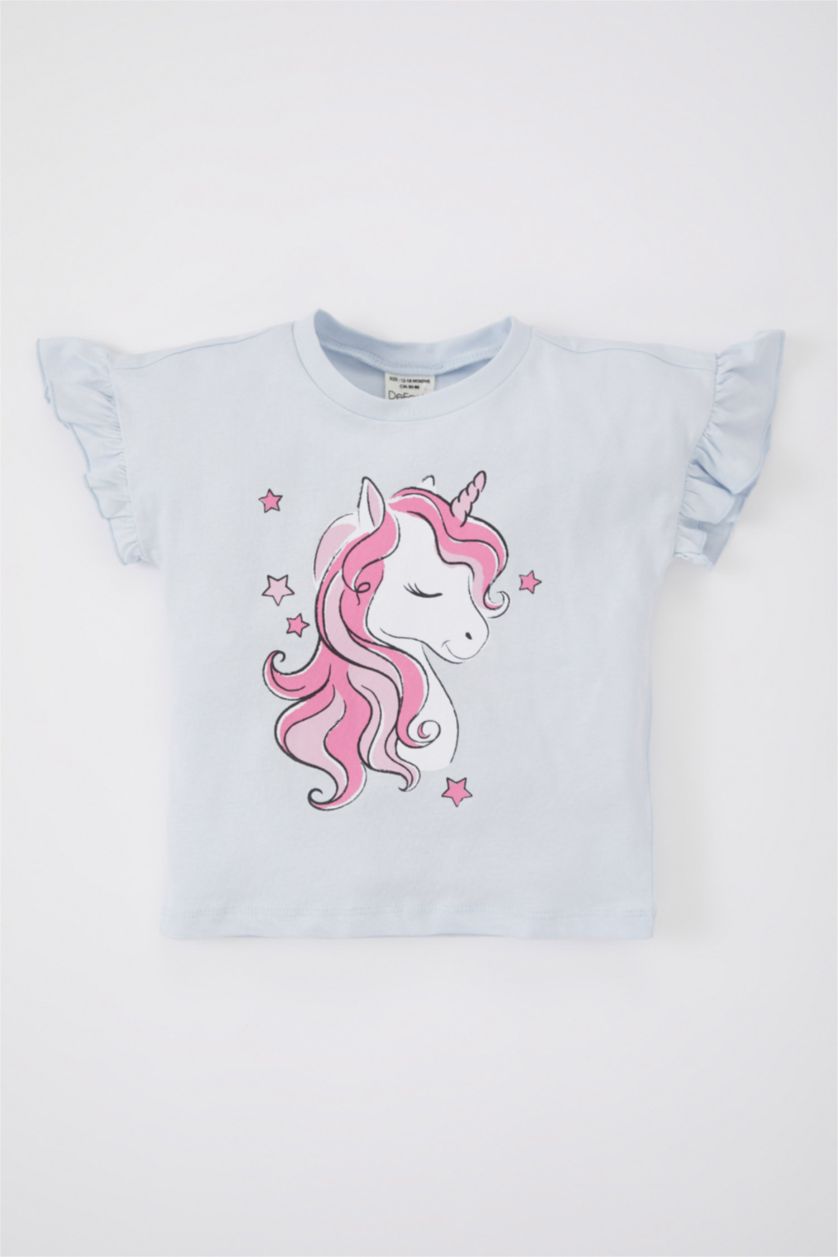 BÉBÉ FILLE BLEU Clair T-Shirt à Manches Courtes imprimé Licorne à Col rond pour Bébé Fille