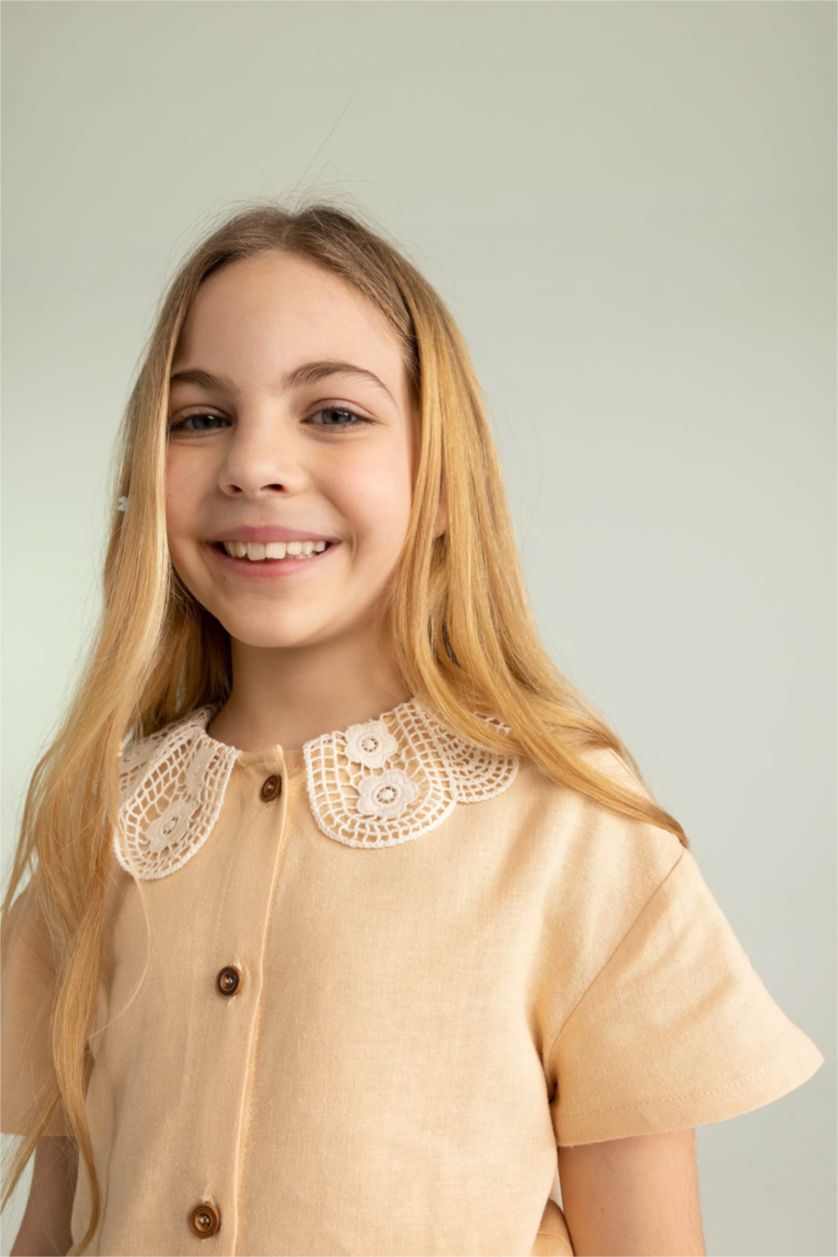 GIRLS & TEENS Beige Girl Crop Large Collar Linen Blend Short Sleeve Shirt