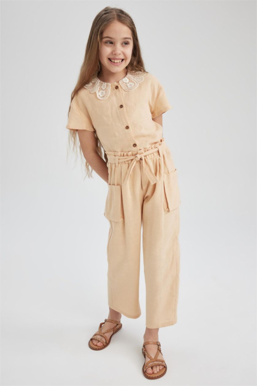 GIRLS & TEENS Beige Girl Crop Large Collar Linen Blend Short Sleeve Shirt