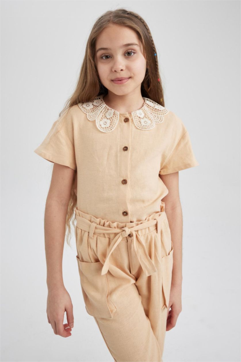 GIRLS & TEENS Beige Girl Crop Large Collar Linen Blend Short Sleeve Shirt