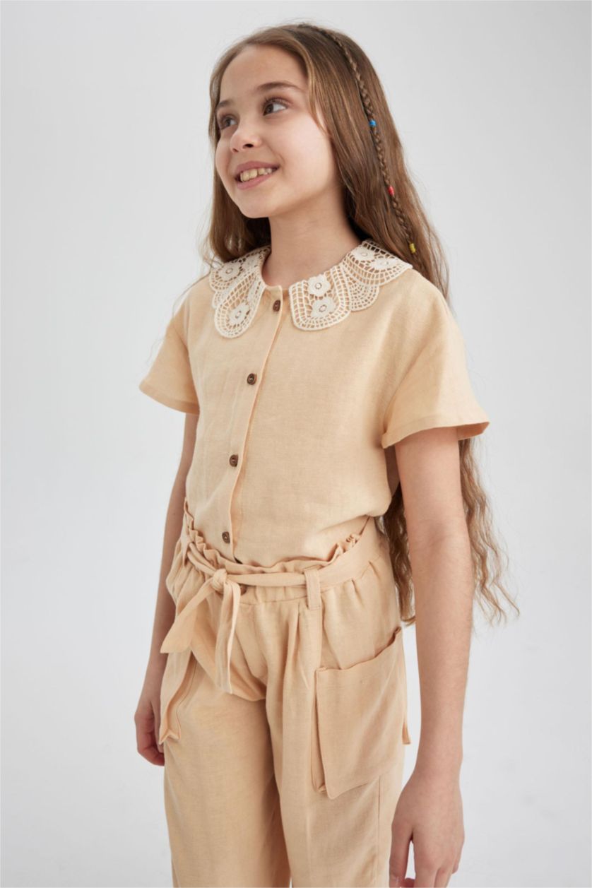 GIRLS & TEENS Beige Girl Crop Large Collar Linen Blend Short Sleeve Shirt