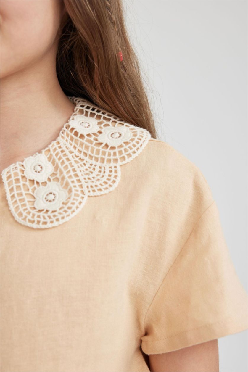 GIRLS & TEENS Beige Girl Crop Large Collar Linen Blend Short Sleeve Shirt