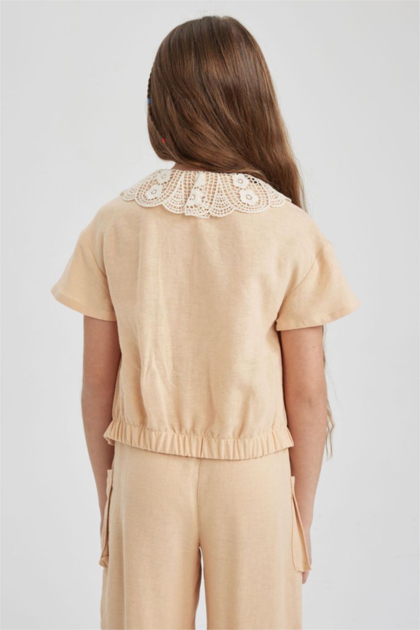 GIRLS & TEENS Beige Girl Crop Large Collar Linen Blend Short Sleeve Shirt