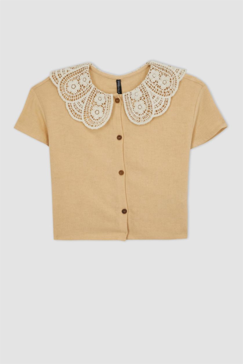 GIRLS & TEENS Beige Girl Crop Large Collar Linen Blend Short Sleeve Shirt