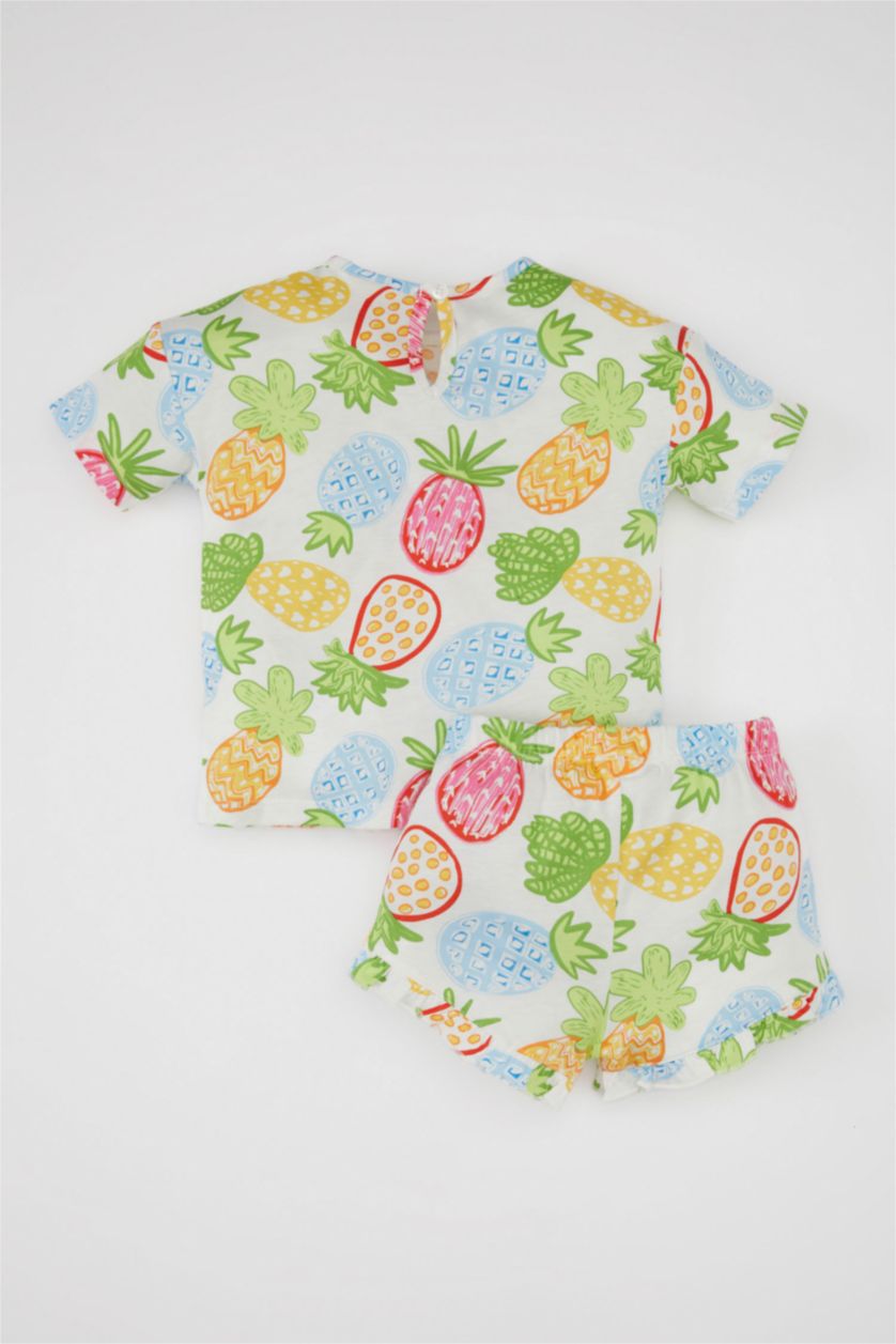 Kız Bebek Ekru Kız Bebek 2'li Takım Desenli Kısa Kollu Tişört Şort