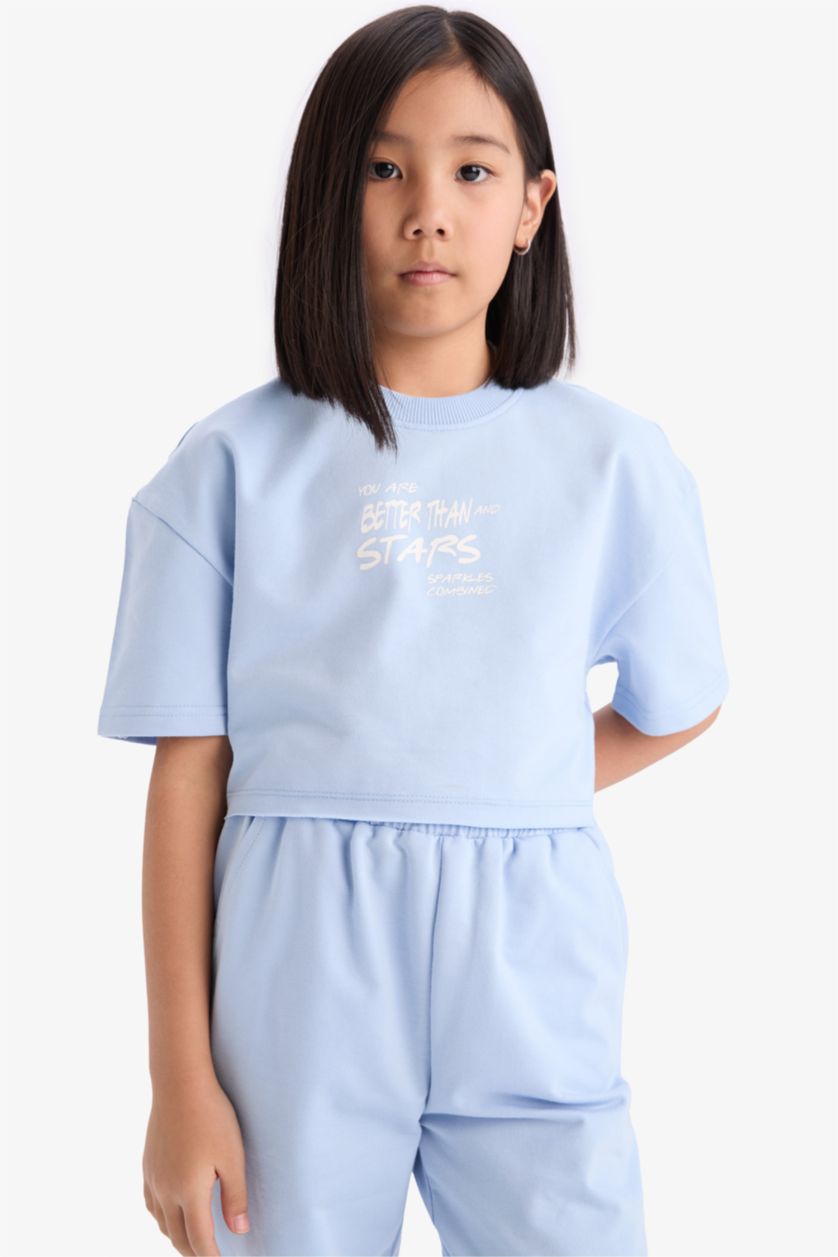Kız Çocuk - Genç Kız Açık Mavi 2'li Takım Baskılı Kısa Kollu Tişört Beli Paçası Lastikli Eşofman Altı Kız Çocuk