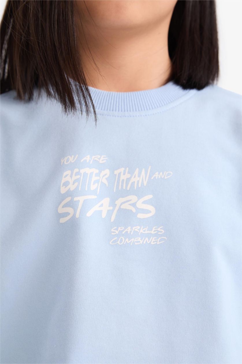 Kız Çocuk - Genç Kız Açık Mavi 2'li Takım Baskılı Kısa Kollu Tişört Beli Paçası Lastikli Eşofman Altı Kız Çocuk