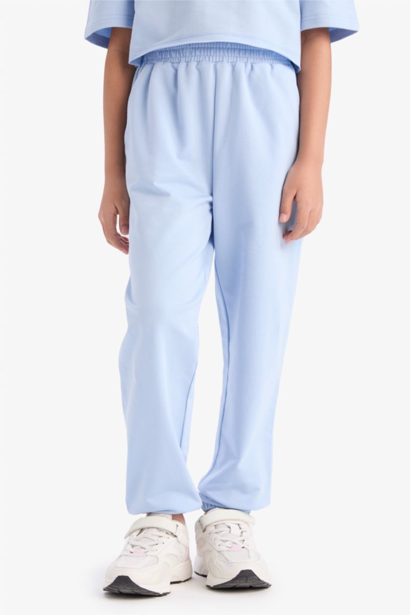 Kız Çocuk - Genç Kız Açık Mavi 2'li Takım Baskılı Kısa Kollu Tişört Beli Paçası Lastikli Eşofman Altı Kız Çocuk