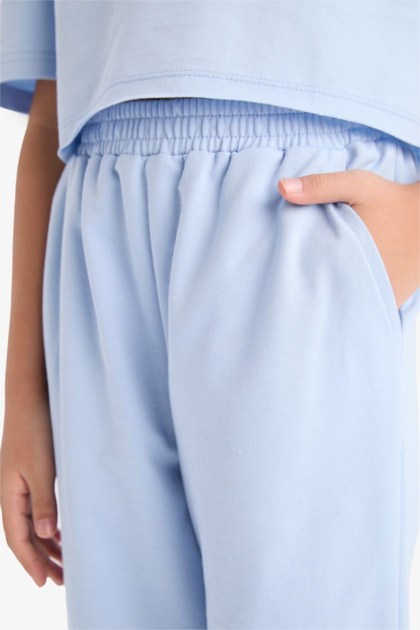 Kız Çocuk - Genç Kız Açık Mavi 2'li Takım Baskılı Kısa Kollu Tişört Beli Paçası Lastikli Eşofman Altı Kız Çocuk