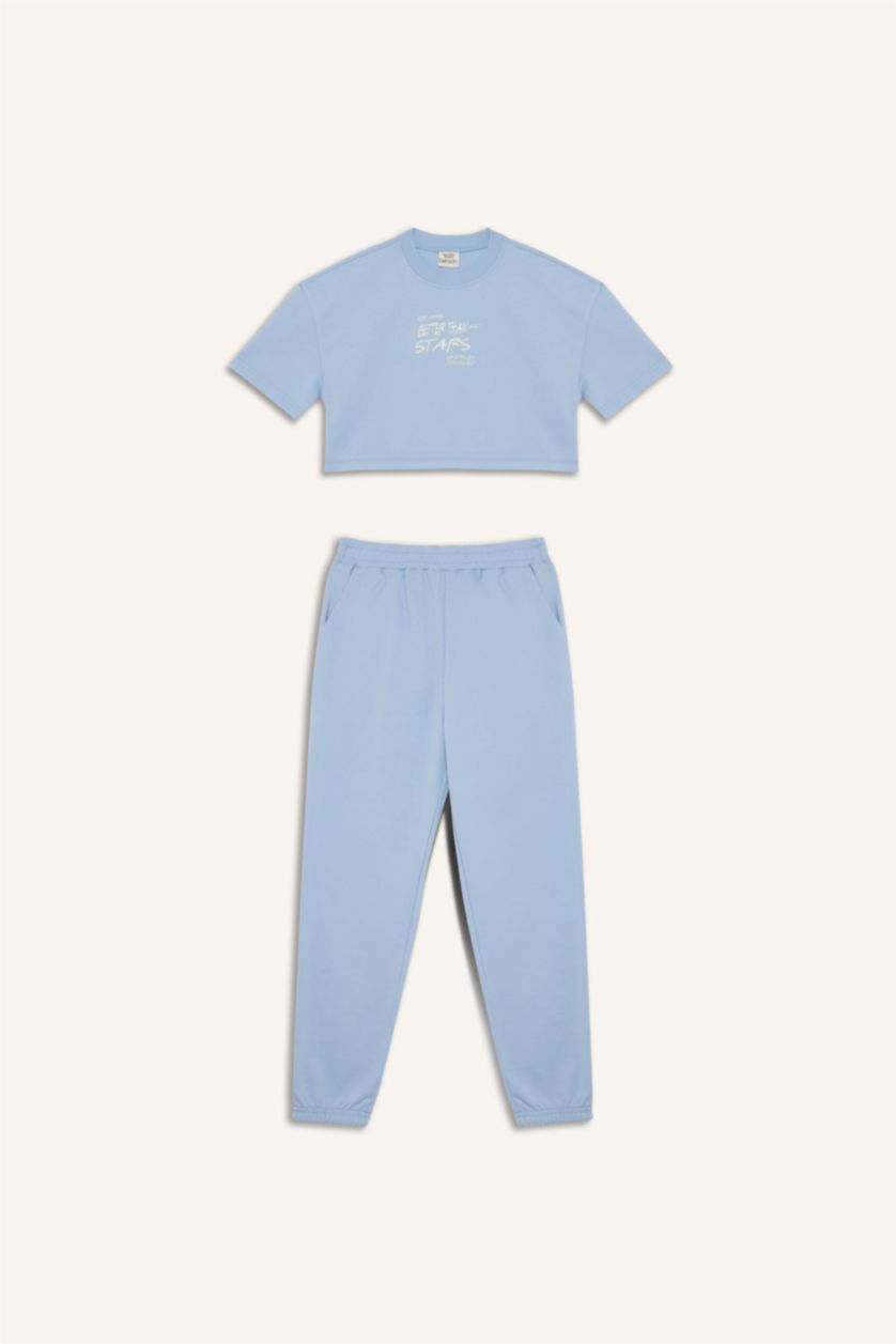 Kız Çocuk - Genç Kız Açık Mavi 2'li Takım Baskılı Kısa Kollu Tişört Beli Paçası Lastikli Eşofman Altı Kız Çocuk