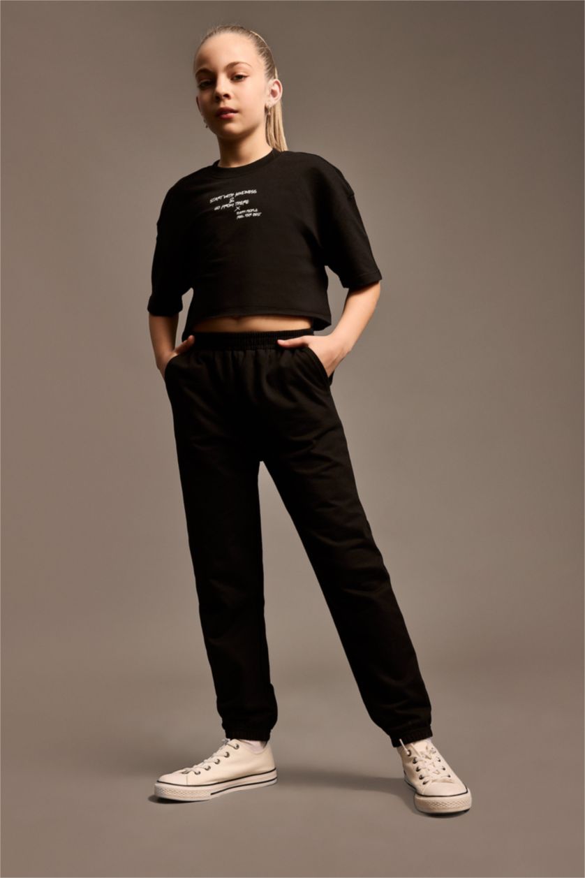 بنات أسود سيت بناتي قماش سويت شيرت - قطعتين