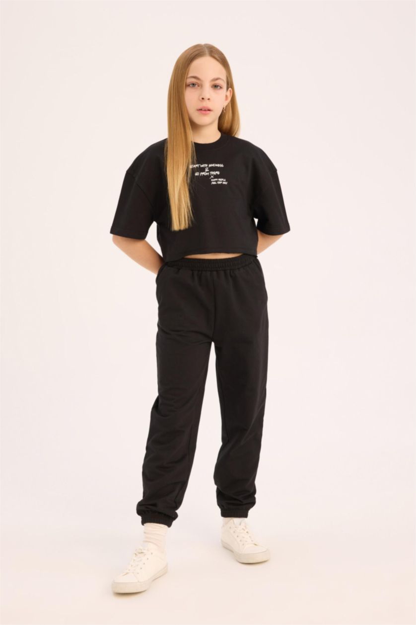 بنات أسود سيت بناتي قماش سويت شيرت - قطعتين