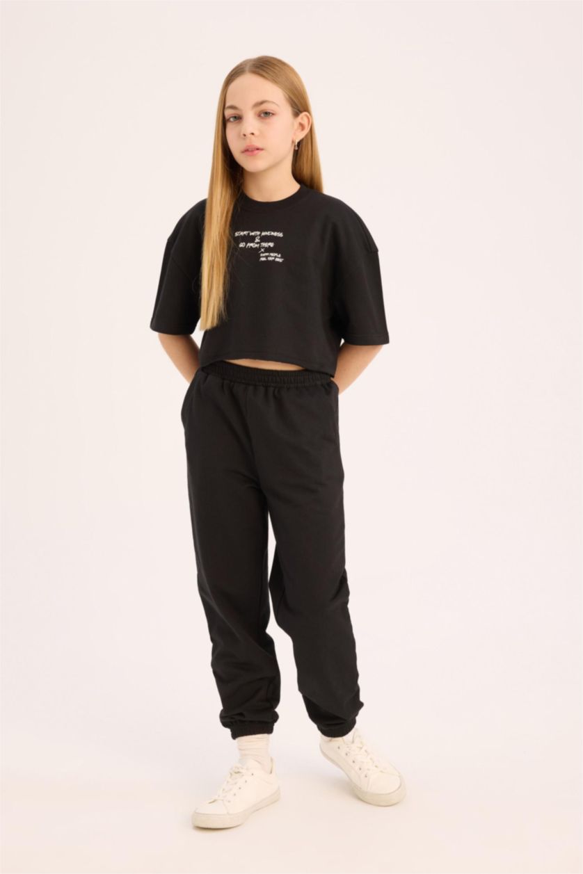 بنات أسود سيت بناتي قماش سويت شيرت - قطعتين