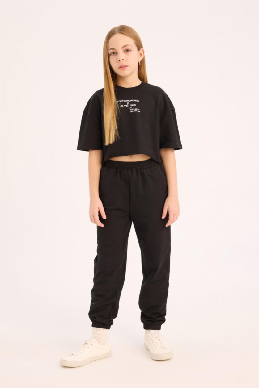 بنات أسود سيت بناتي قماش سويت شيرت - قطعتين