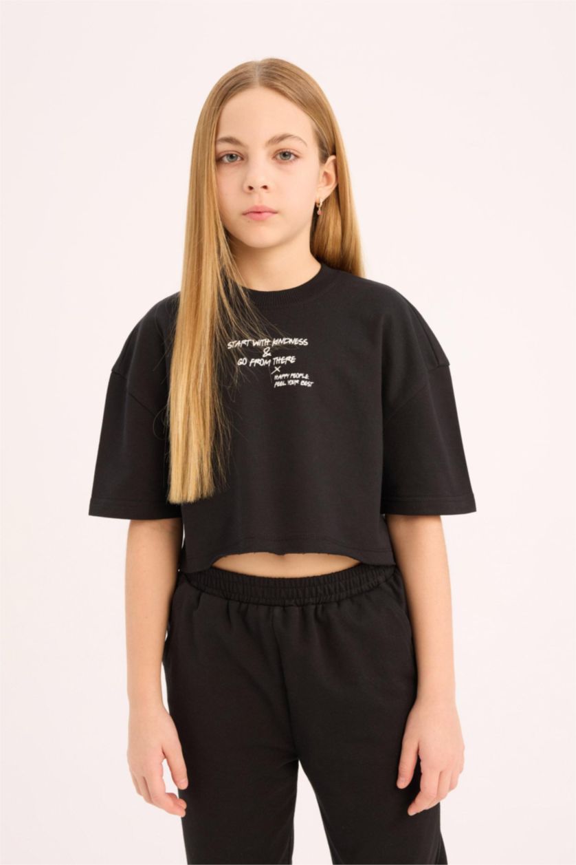 بنات أسود سيت بناتي قماش سويت شيرت - قطعتين