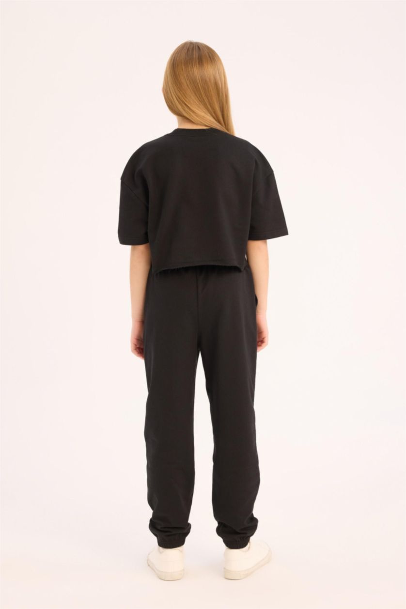 بنات أسود سيت بناتي قماش سويت شيرت - قطعتين