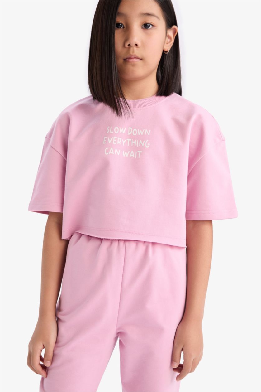 Kız Çocuk - Genç Kız Pembe 2'li Takım Baskılı Kısa Kollu Tişört Beli Lastikli Eşofman Altı Kız Çocuk