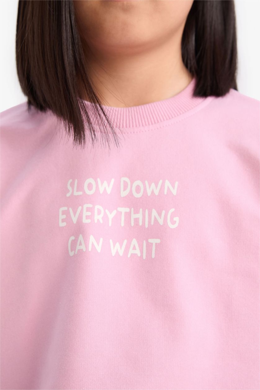 Kız Çocuk - Genç Kız Pembe 2'li Takım Baskılı Kısa Kollu Tişört Beli Lastikli Eşofman Altı Kız Çocuk